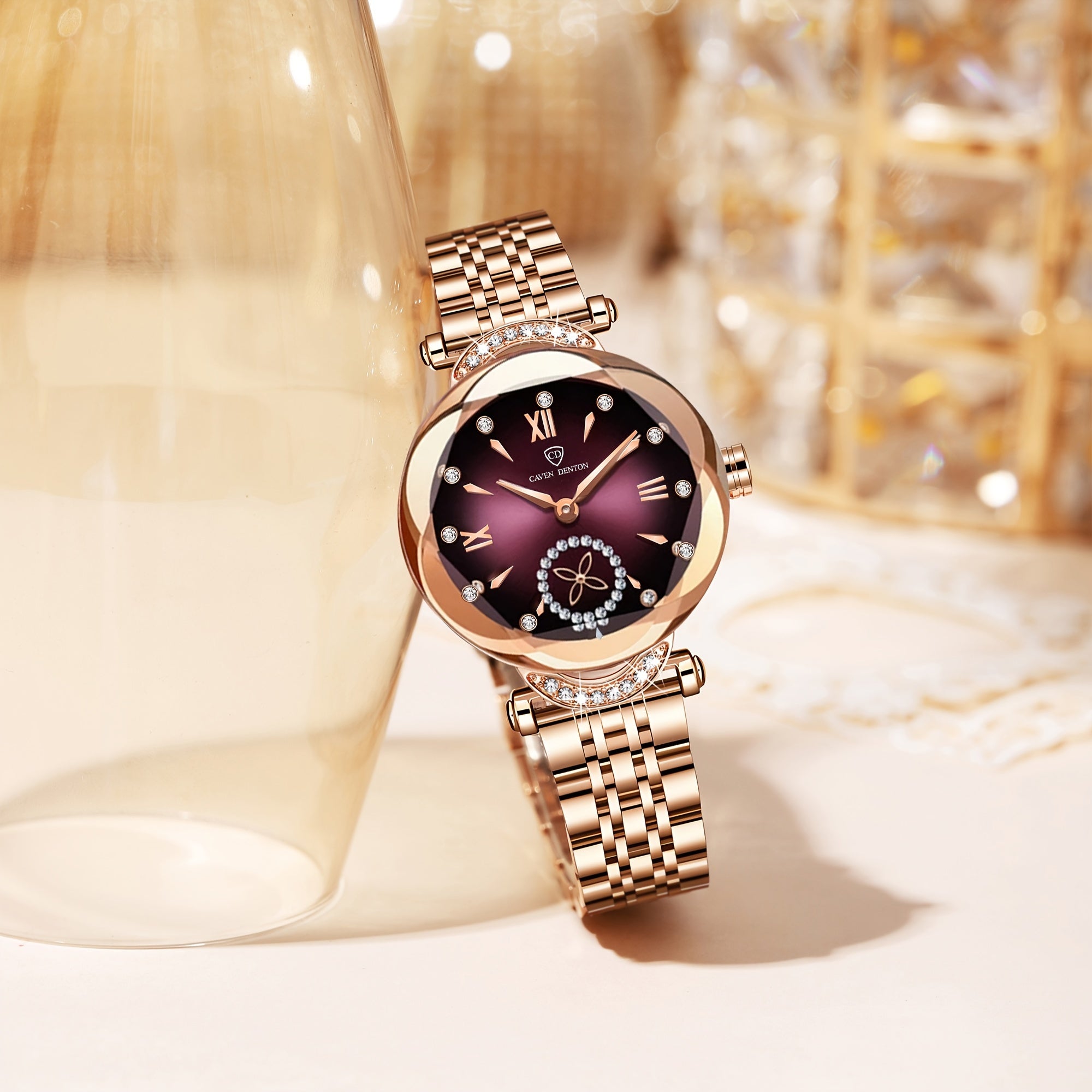 Elegant Women's Quartz Watch with Rhinestone Accents - Rose Golden Case & Stainless Steel Band, Roman Numerals, Independent Second Hand - Ideal for Business or Formal Wear - Perfect Mother's Day, Christmas, or Back-to-School